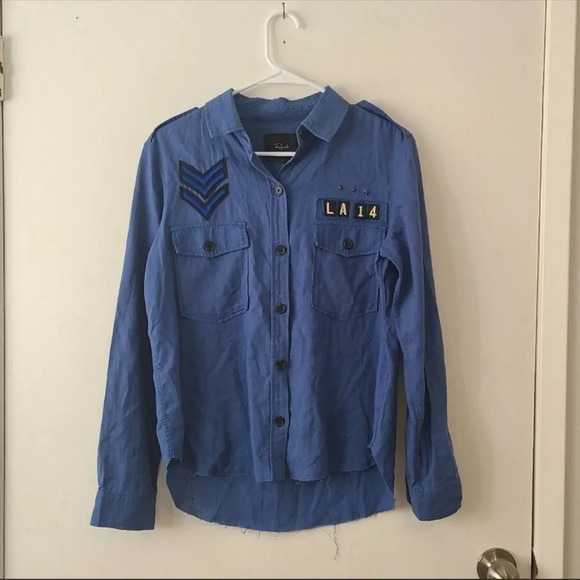 Rails Women's Blue Banks Raw Edge Indigo with Military Patch Button Down Shirt S - Picture 3 of 10